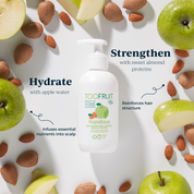 a bottle of toofruit apple and almond shampoo and its ingredients and properties