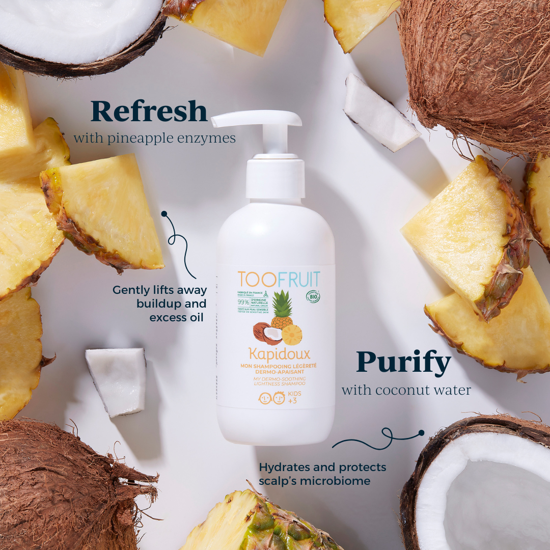 a bottle of toofruit pineapple coconut shampoo and its ingredients and properties