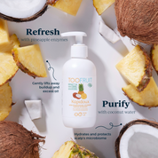 a bottle of toofruit pineapple coconut shampoo and its ingredients and properties