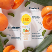 a bottle of toofruit sunscreen milk and its ingredients and properties