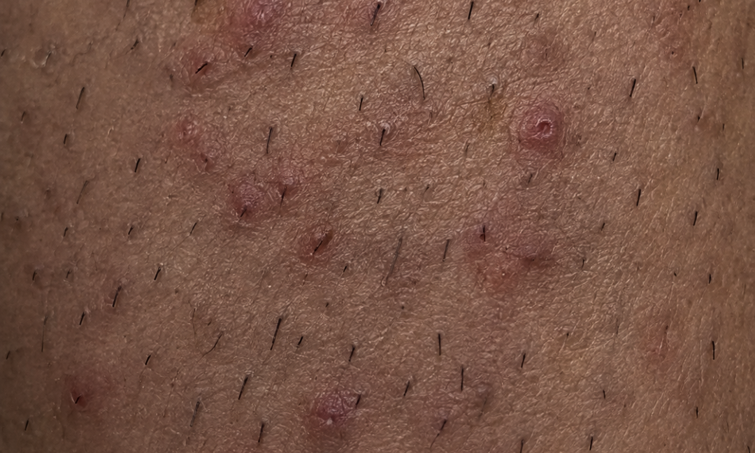 Close-up of skin with ingrown hairs and small bumps after shaving