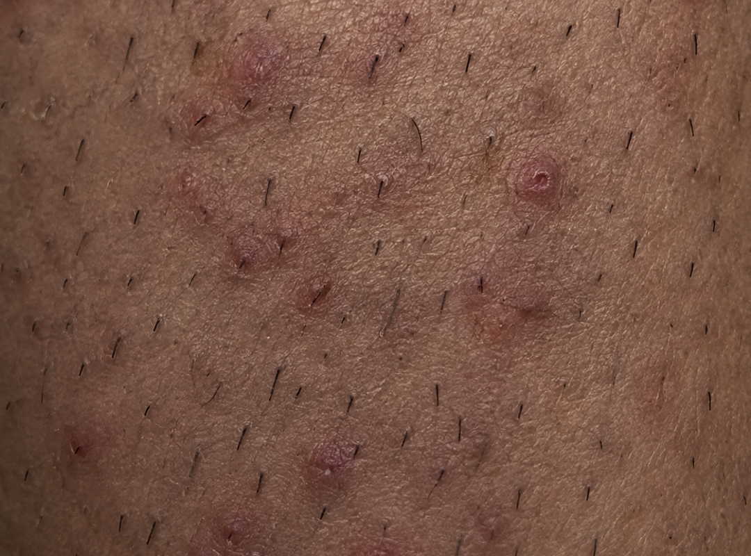 Close-up of skin with ingrown hairs and small bumps after shaving