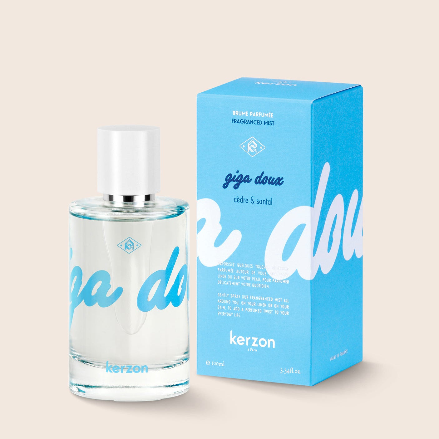 Kerzon perfume bottle and packaging on a light beige background
