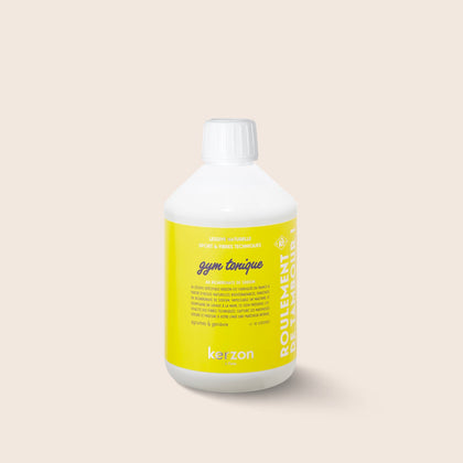 Kerstin Gym Tonique bottle with yellow label on a beige background