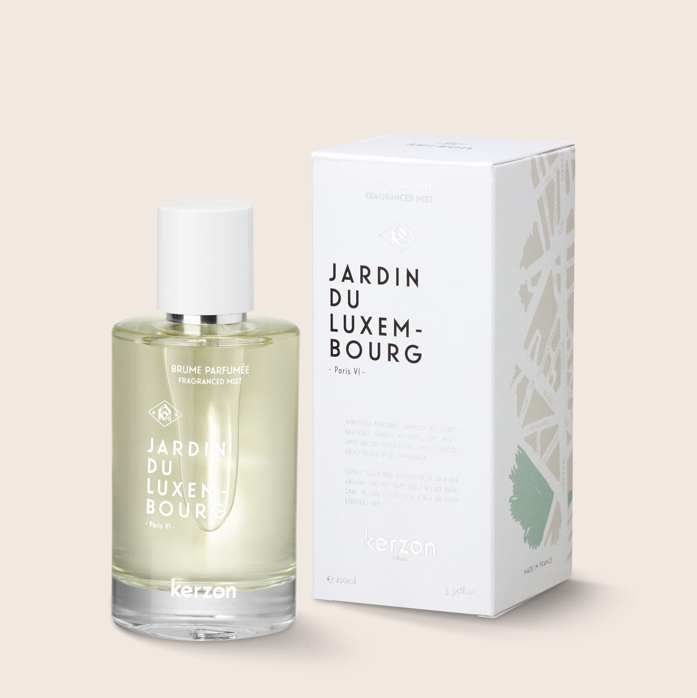 Jardin du Luxembourg perfume bottle and packaging on a light beige background