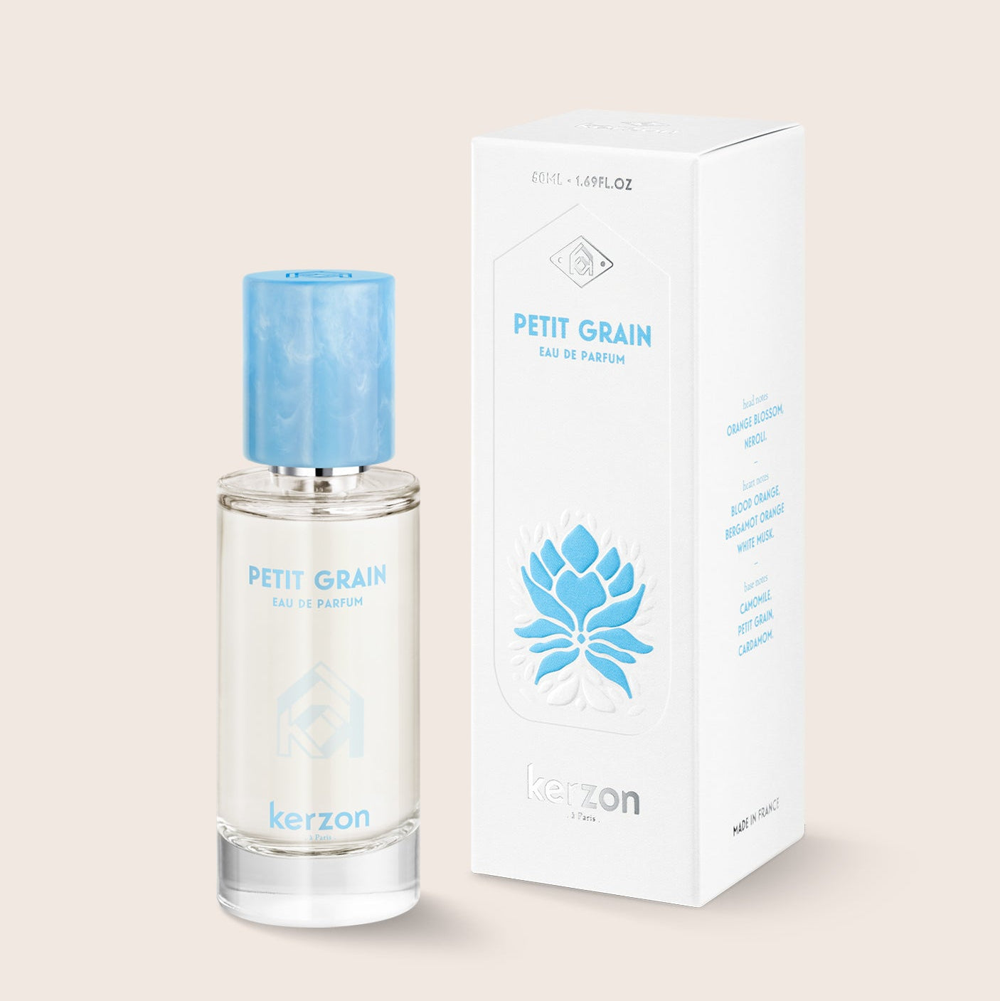 Kerzon Petit Grain perfume bottle and packaging on a light beige background