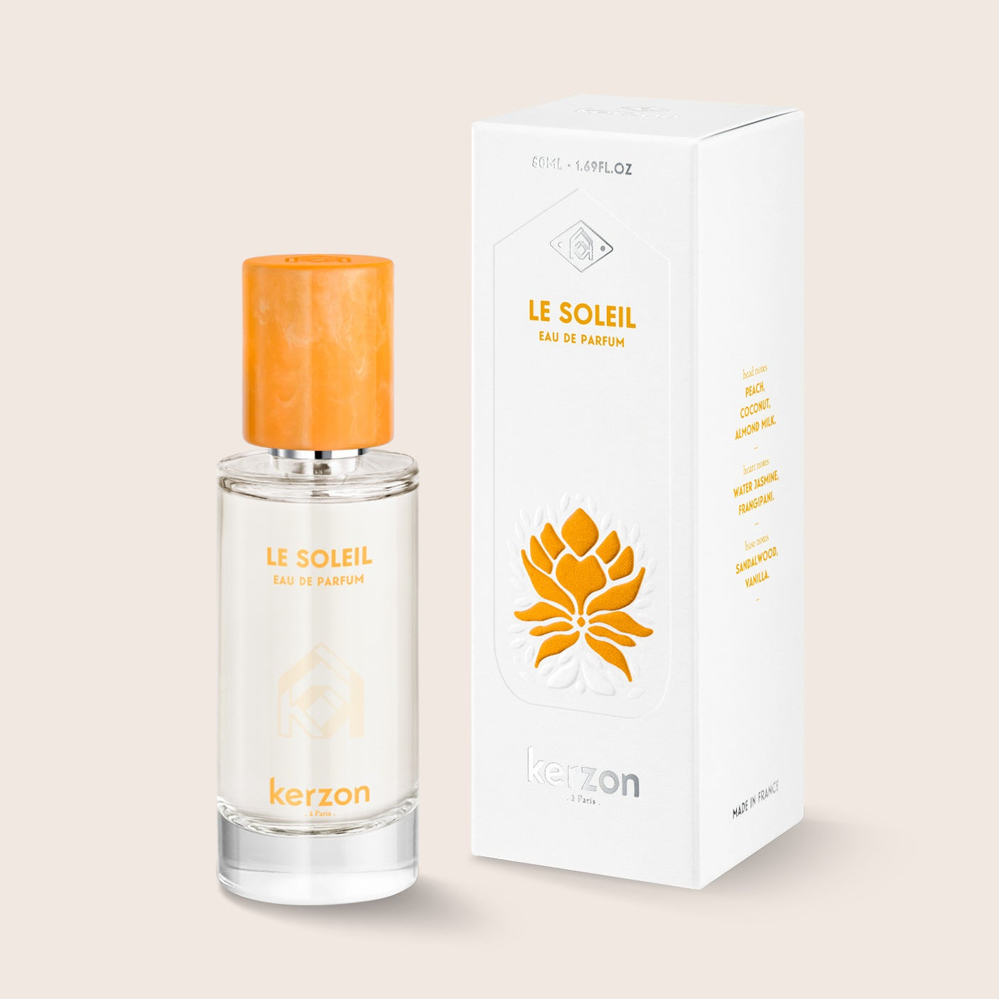 Kerzon Le Soleil perfume bottle and packaging on a light beige background