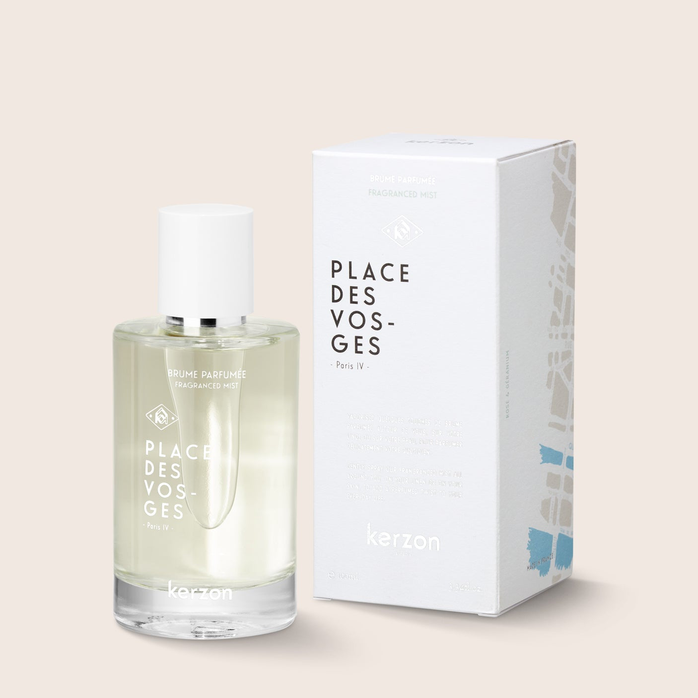 Perfume bottle and packaging of 'Place des Vosges' on a light beige background