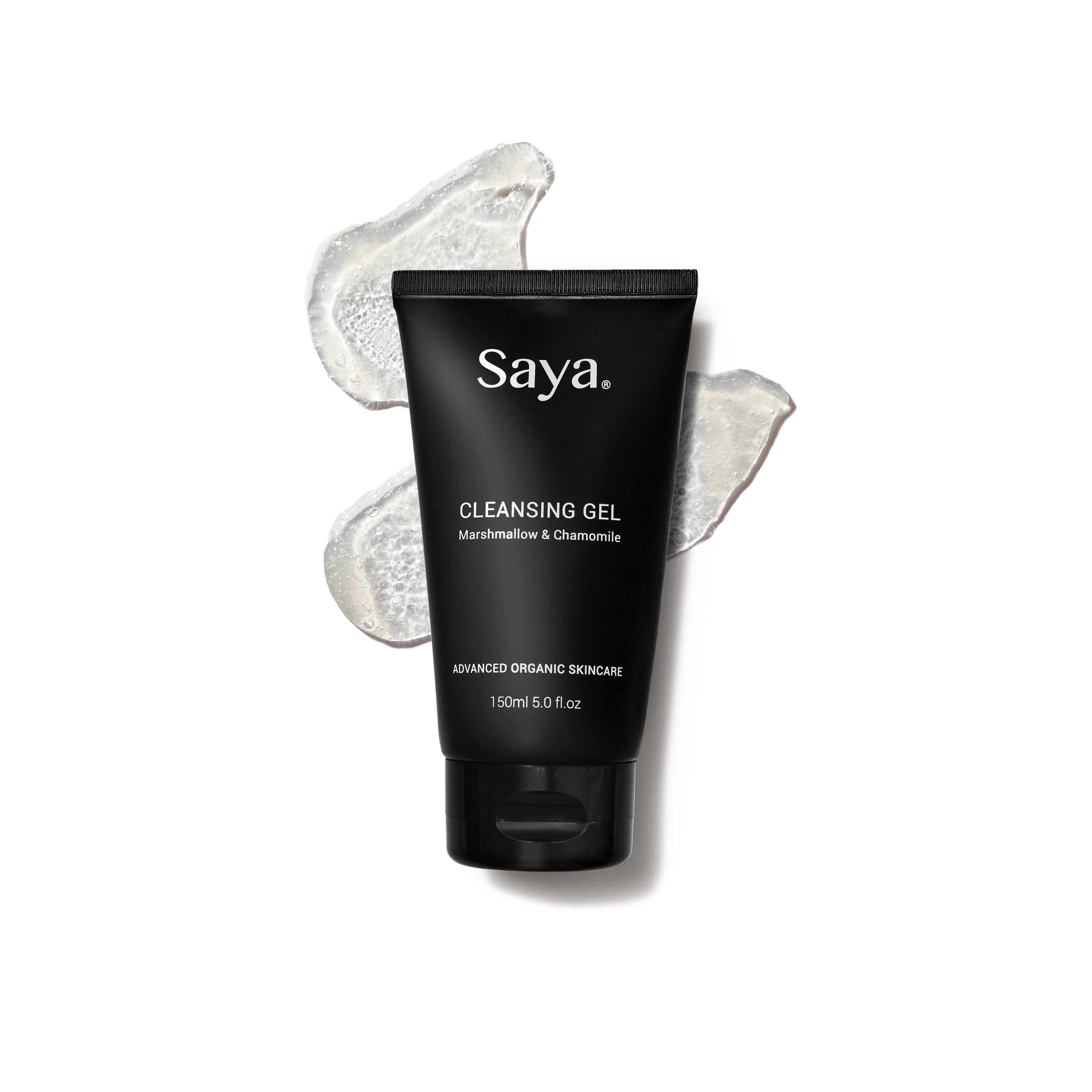a tube of saya cleansing gel laying on a swatch of the gel
