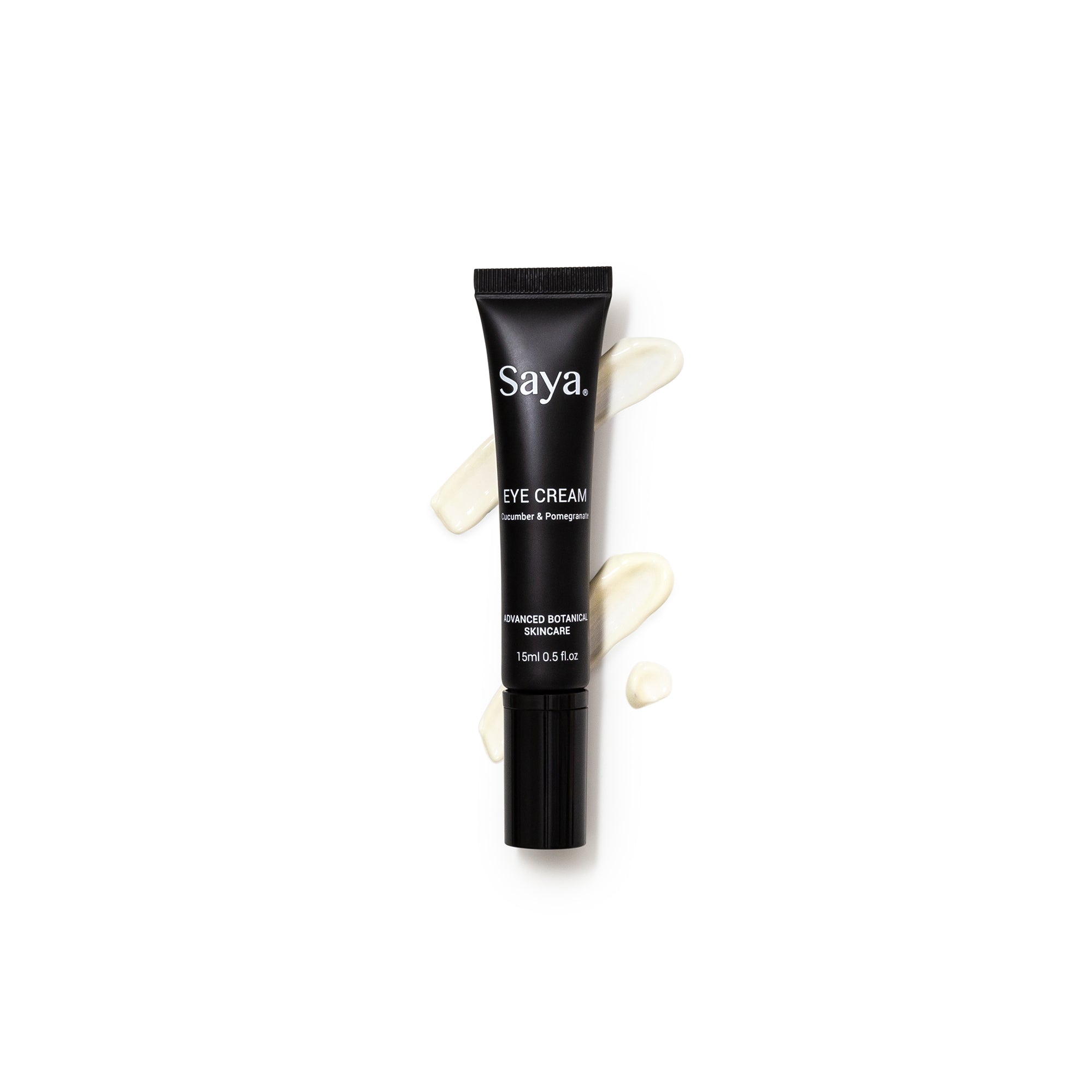 a tube of saya eye cream laying on swatches