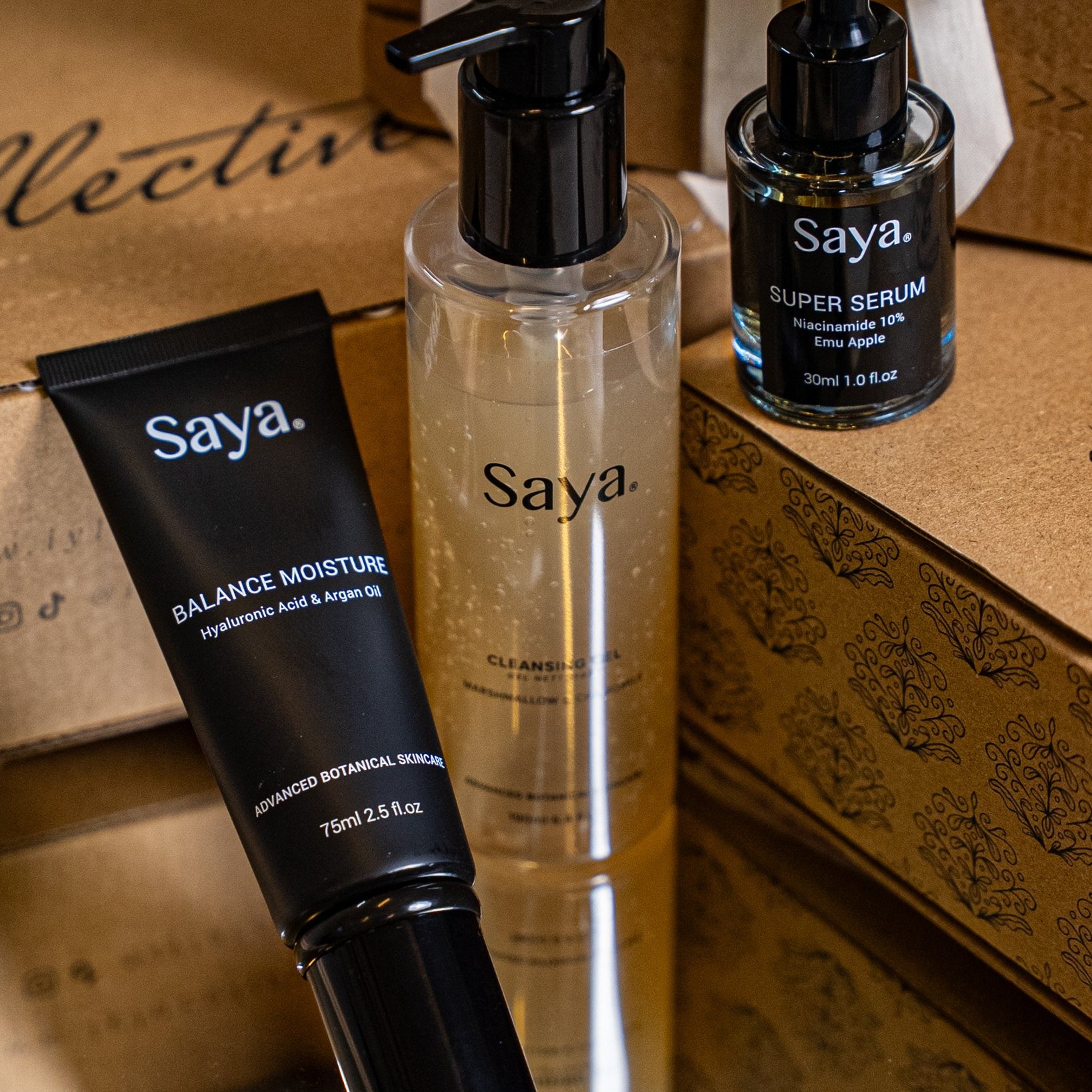 saya cleansing gel, saya balance moisture and saya super serum for oil control