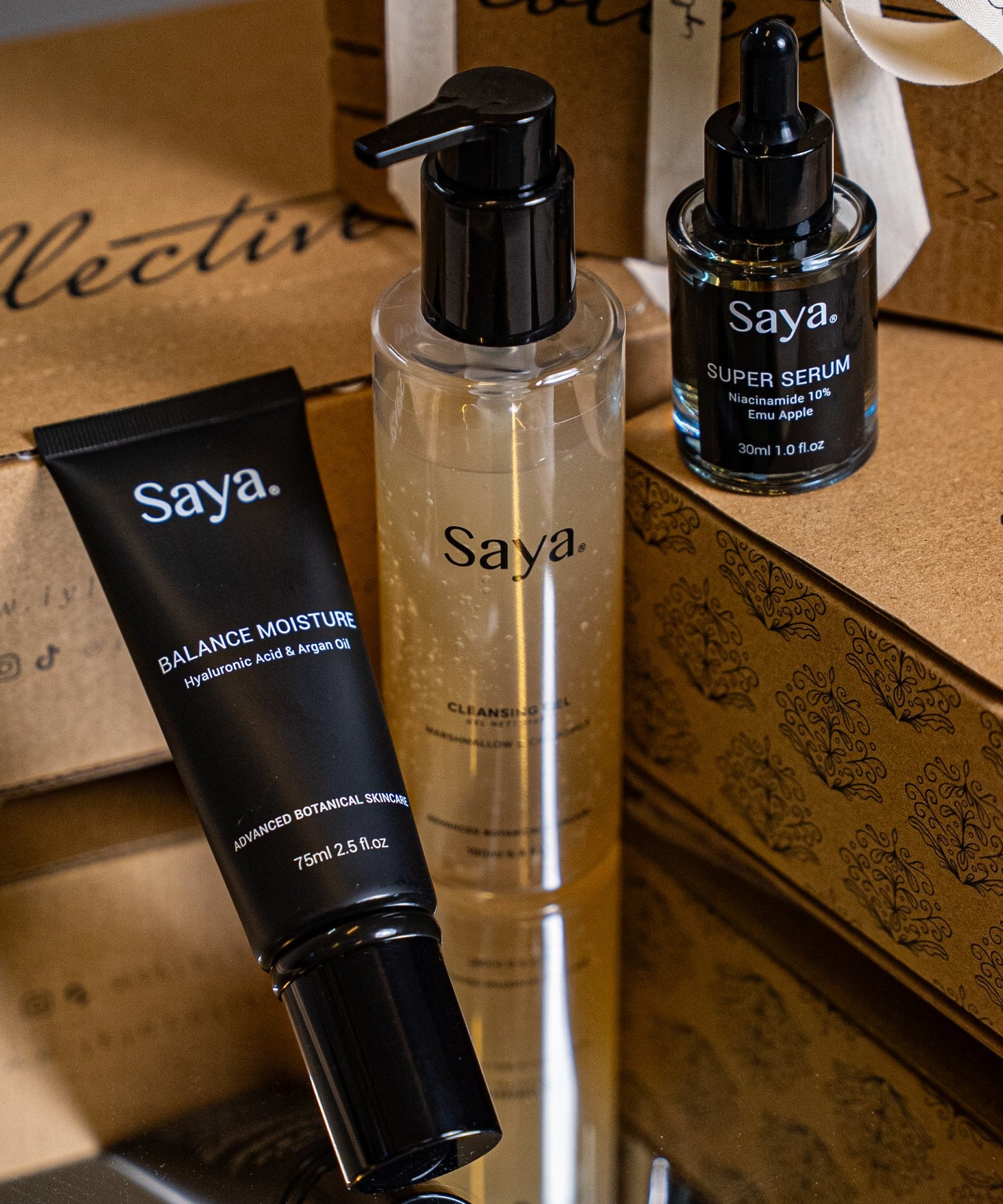 saya cleansing gel, saya balance moisture and saya super serum for oil control
