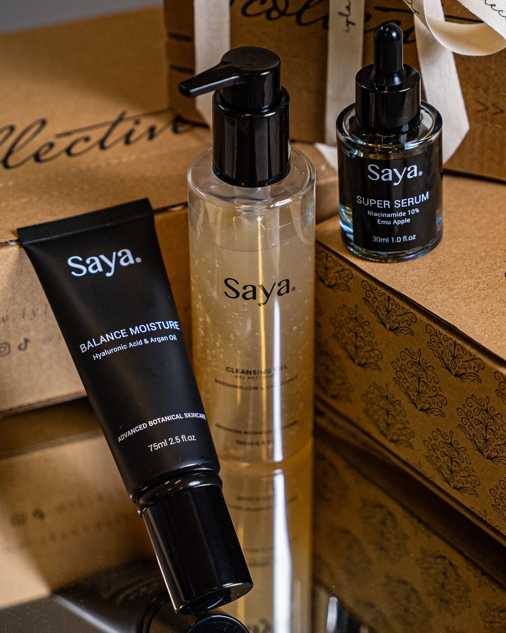 saya cleansing gel, saya balance moisture and saya super serum for oil control