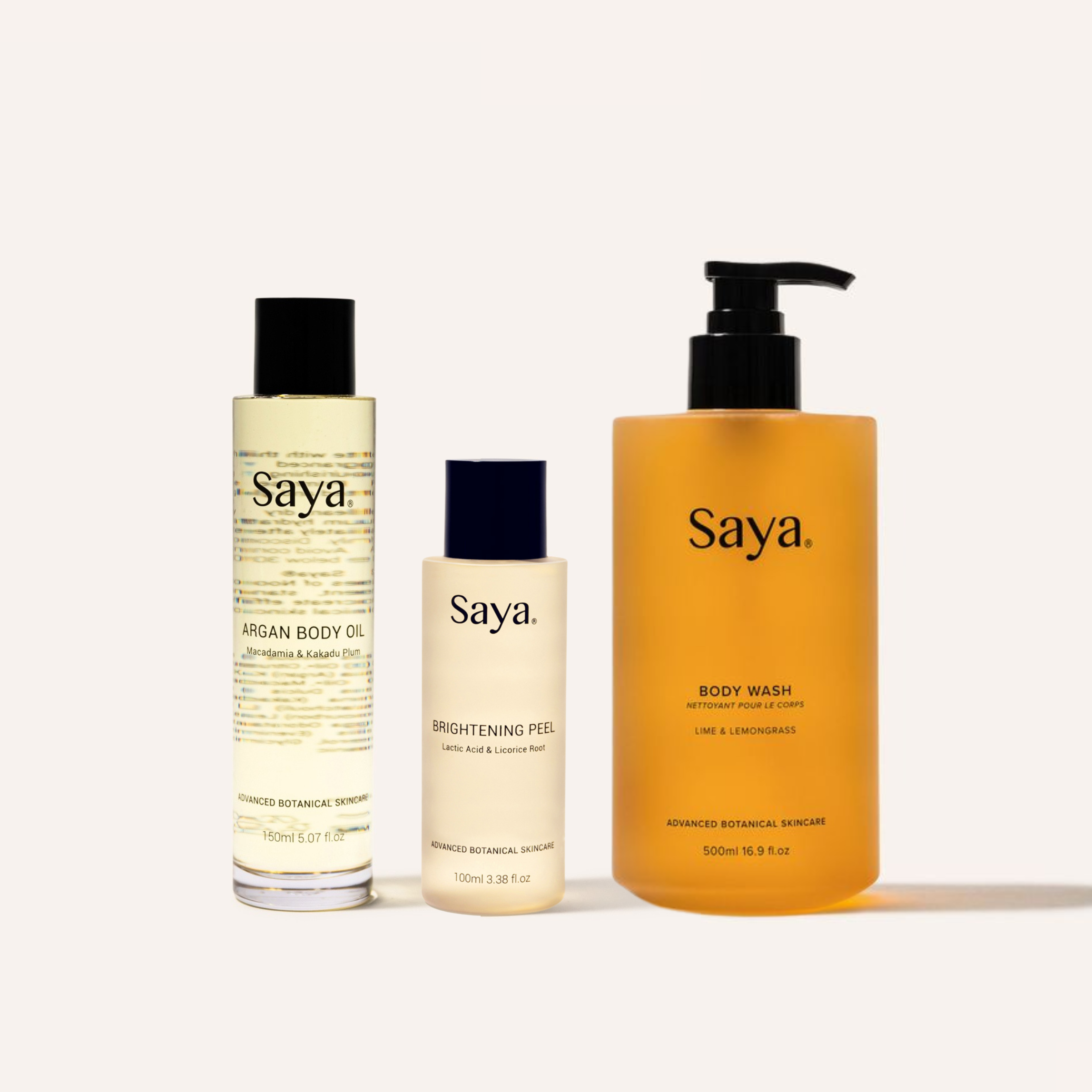 Saya Smooth & Soothe Trio shave set with Argan Body Oil, Brightening Peel and Body Wash in a cotton pouch