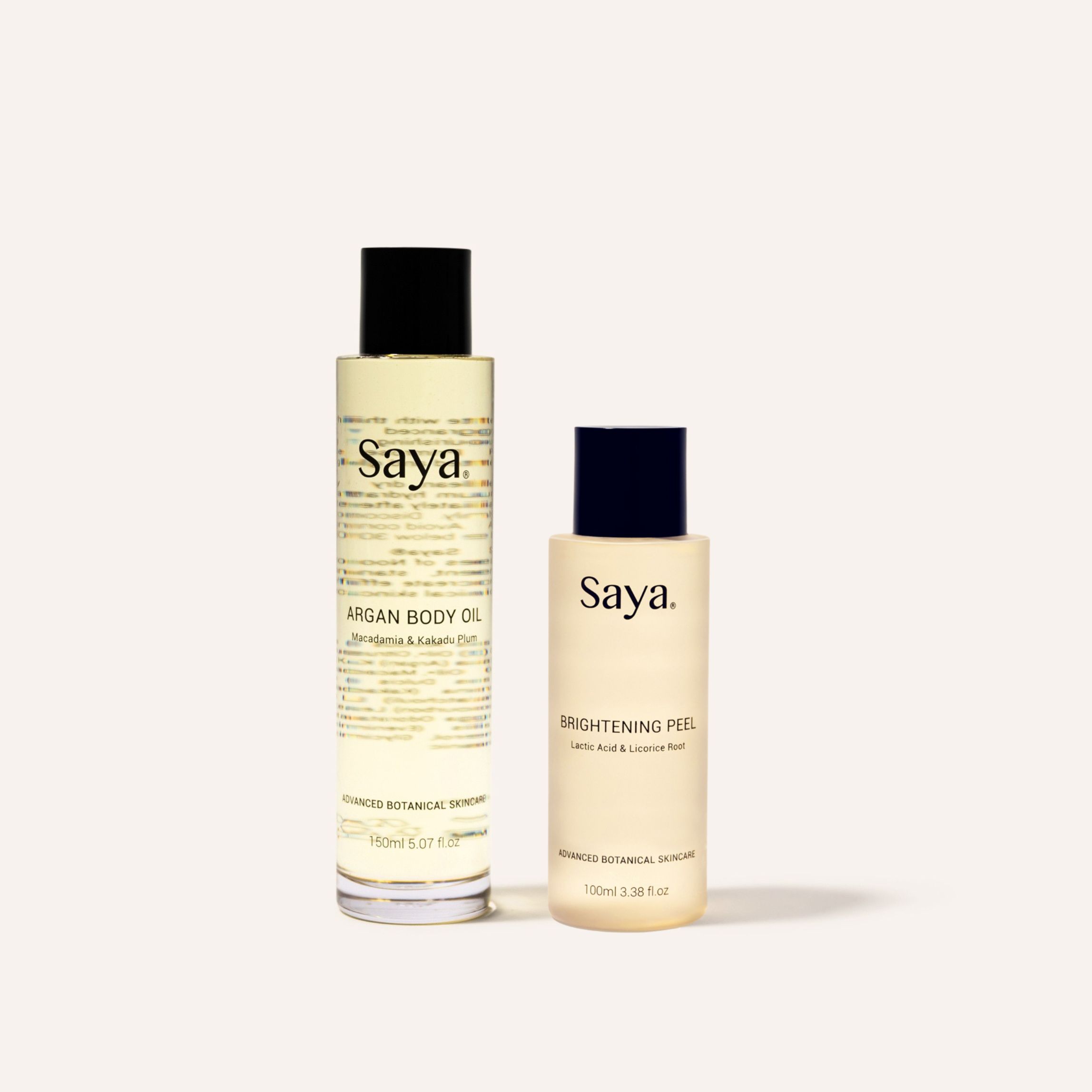 saya skin glow and nourish duo, argan body oil and brightening peel