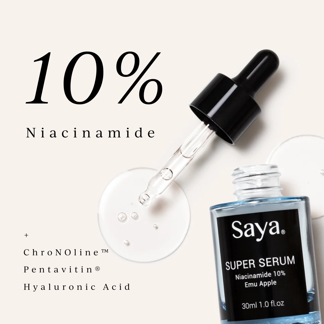 a bottle of saya super serum and key ingredient list