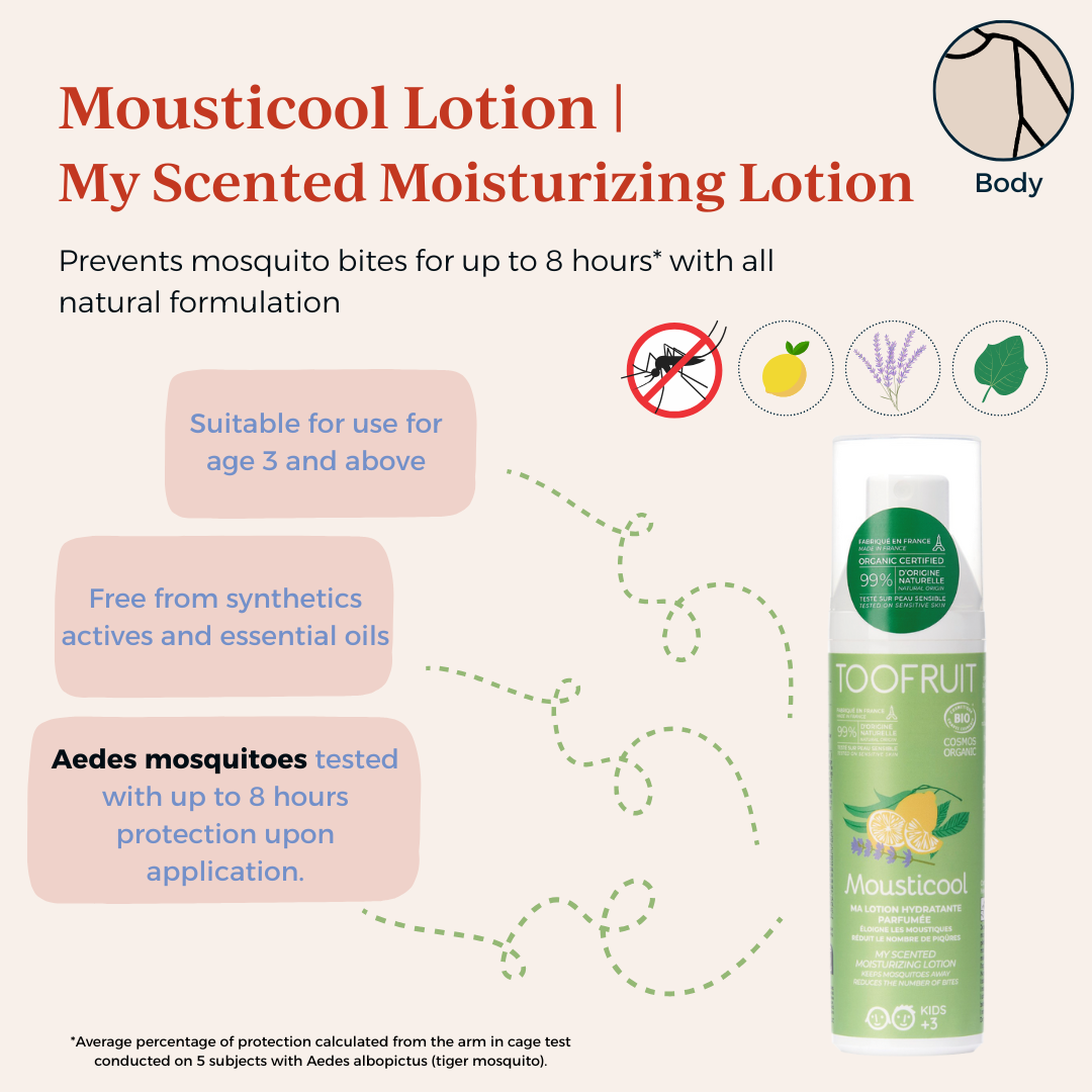 a bottle of mousticool lotion and its key properties