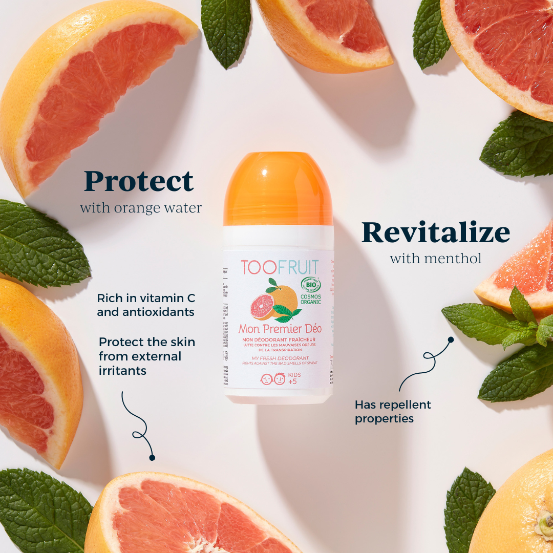 a bottle of toofruit grapefruit-mint deodorant, its ingredients and properties