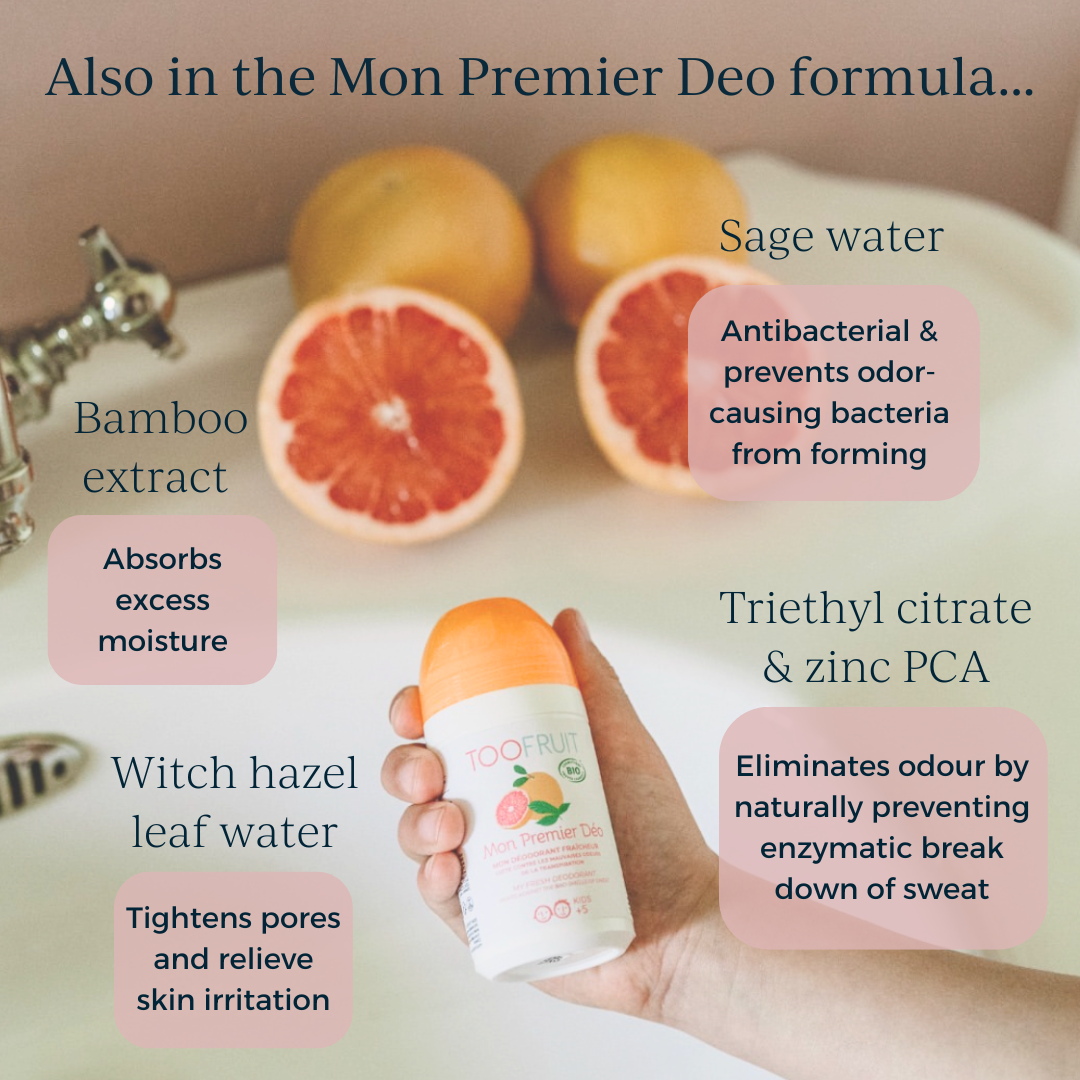 a hand holding a bottle of toofruit grapefruit-mint deodorant and its key ingredients and uses