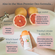 a hand holding a bottle of toofruit grapefruit-mint deodorant and its key ingredients and uses