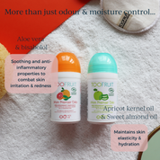 two bottles of toofruit deodorants on a towel and its key ingredients and uses