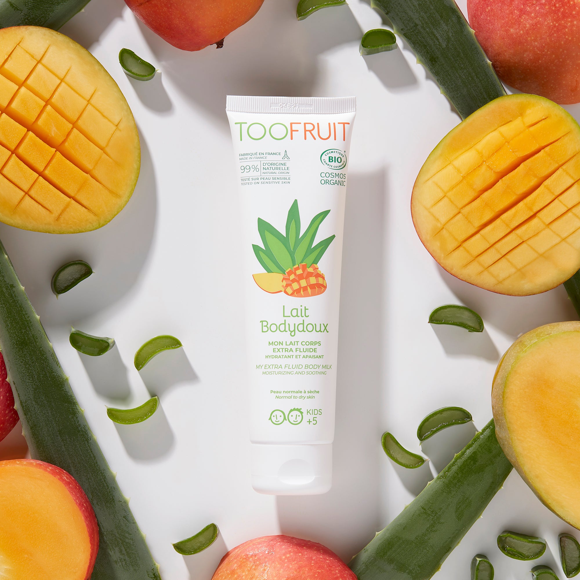 a tube of toofruit body milk and its ingredients