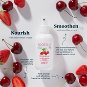 a bottle of toofruit detangling spray and its ingredients and properties