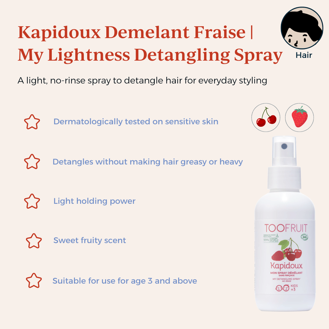 a bottle of toofruit detangling spray and its properties