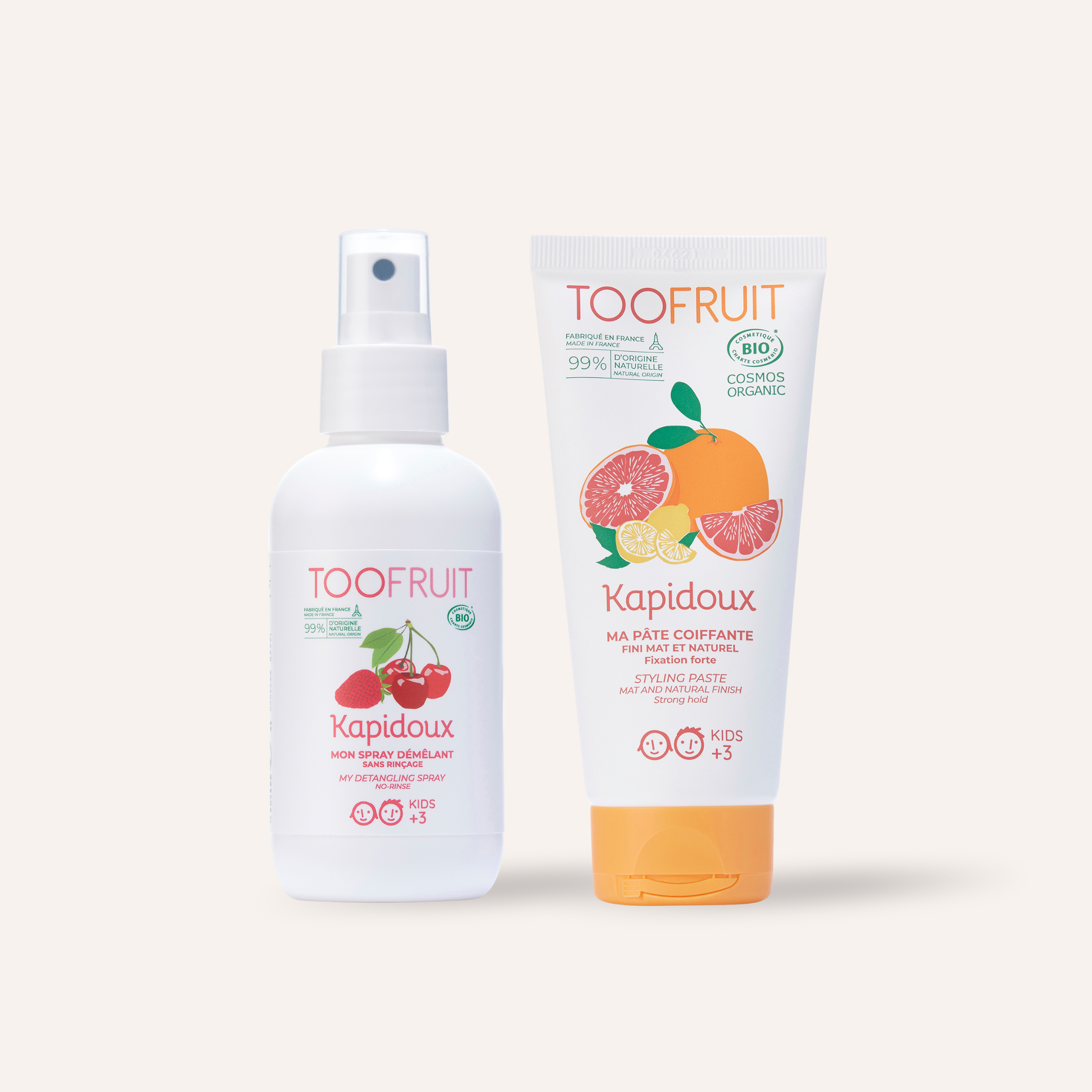 toofruit kids hairstyling set, detangling spray and hair styling paste