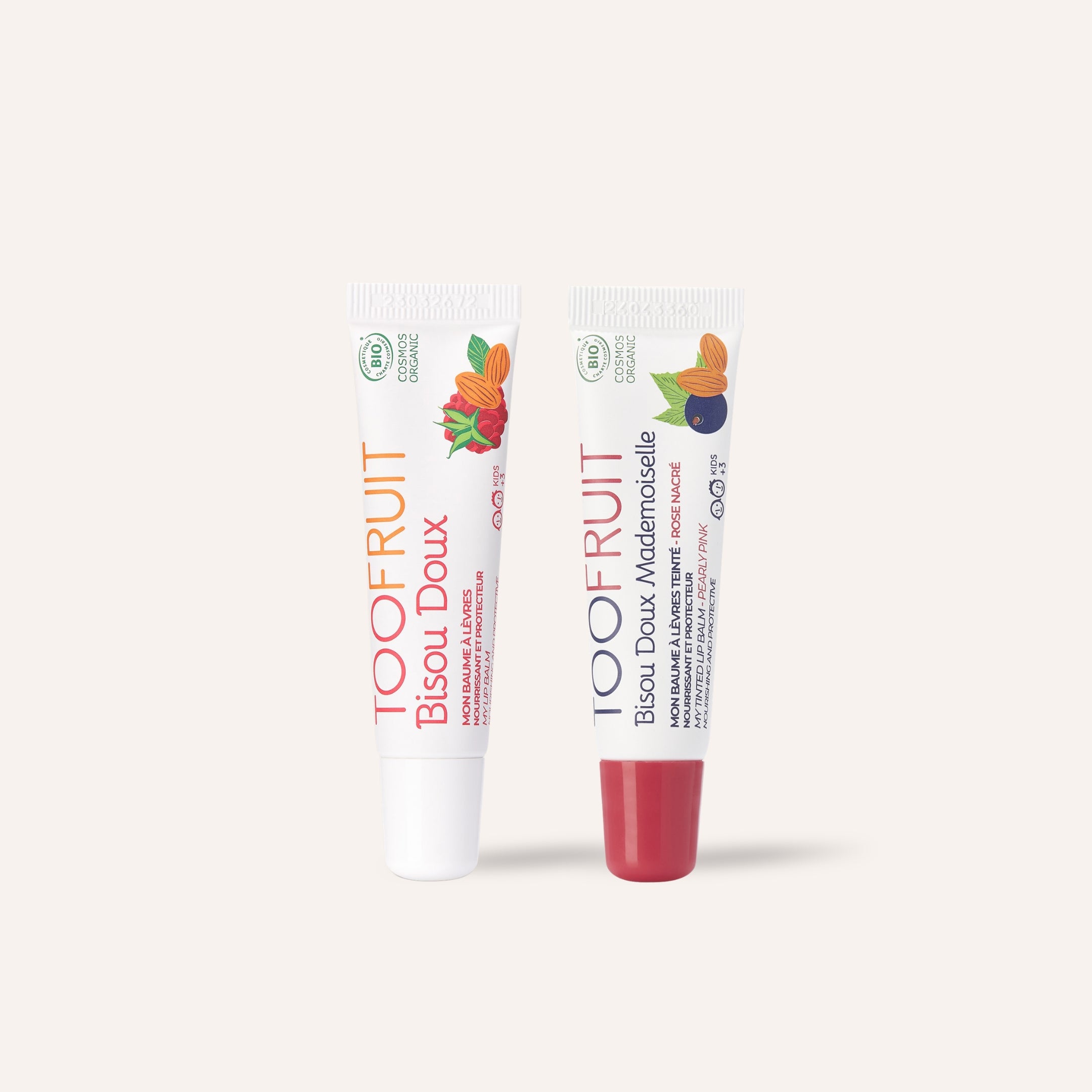 two tubes of toofruit lipbalms