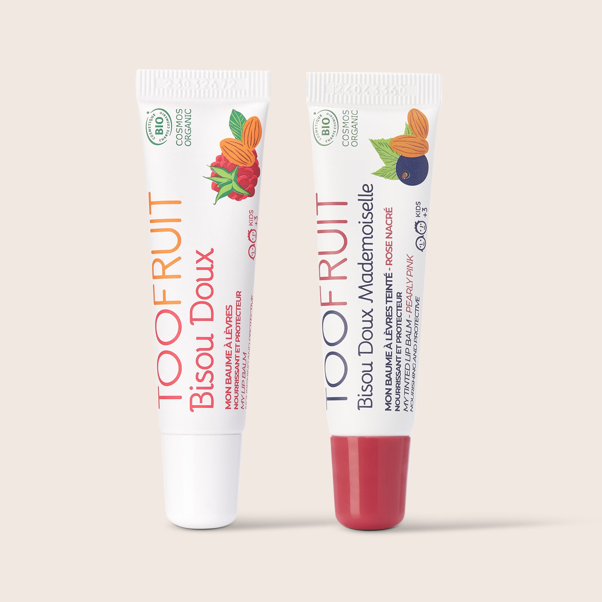 two tubes of toofruit lipbalms