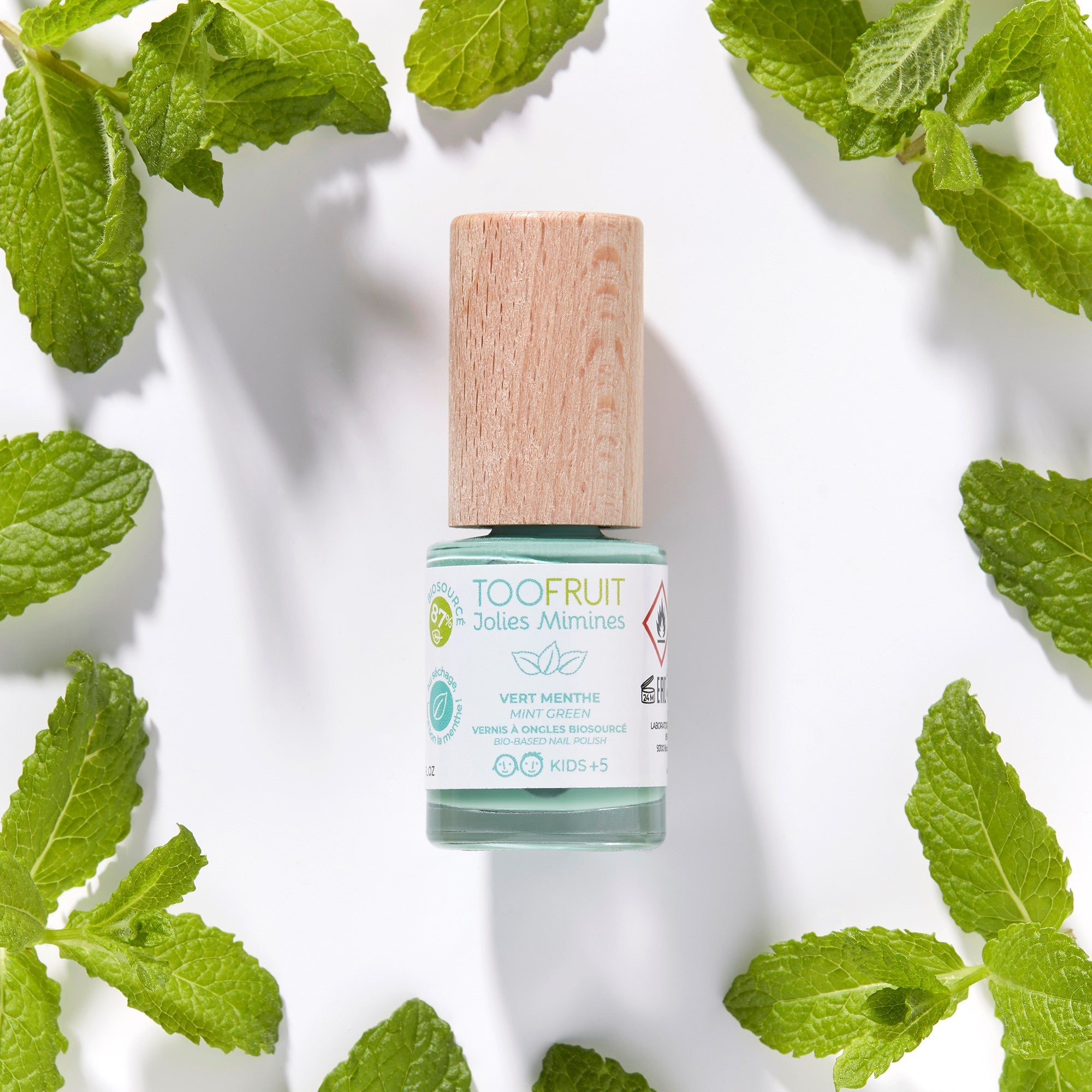 a bottle of toofruit mint nail polish and mint leaves