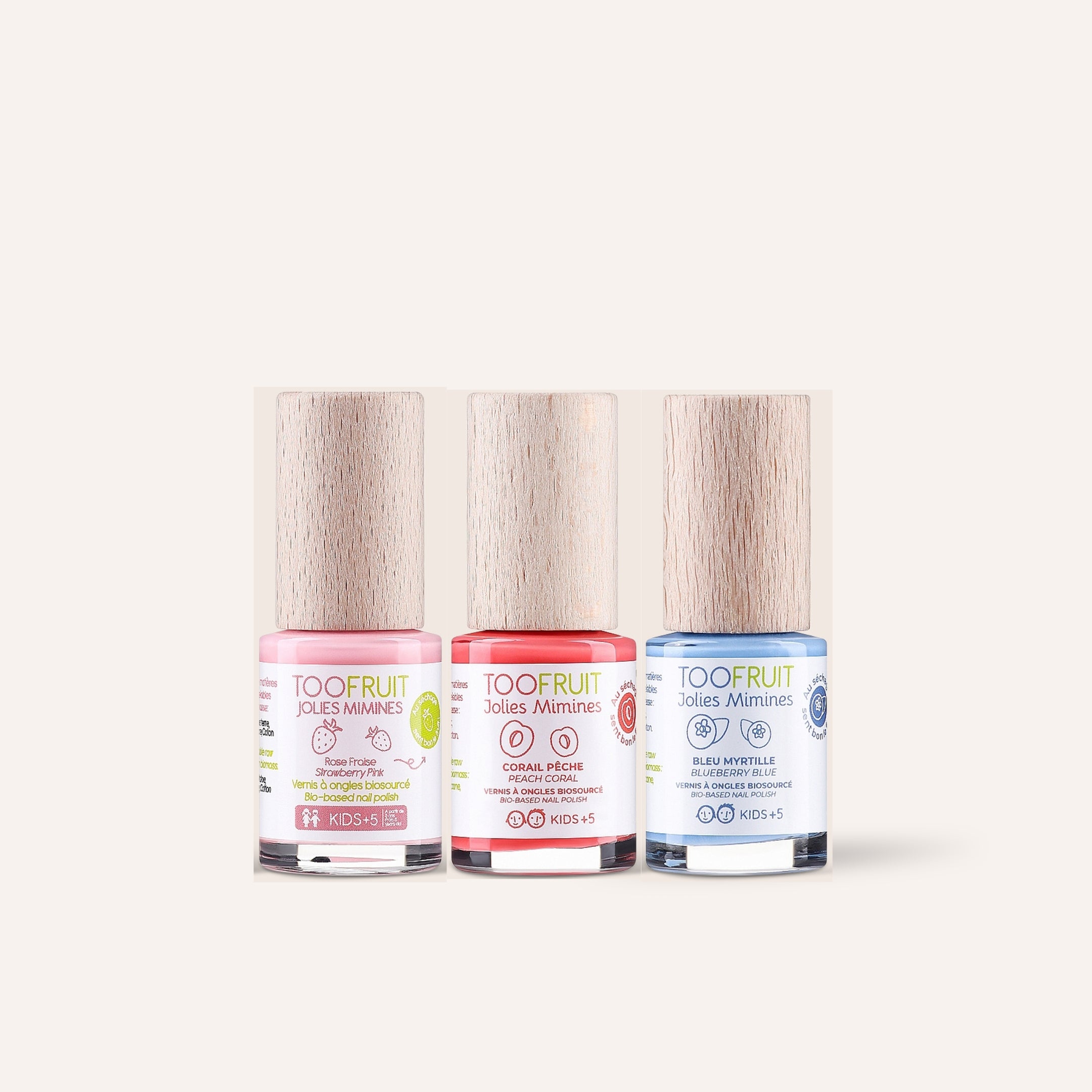 three bottles of toofruit nail polish