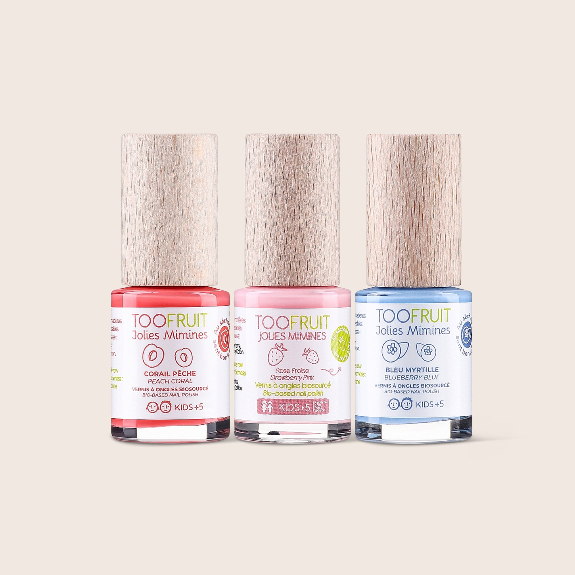 three bottles of toofruit nail polish