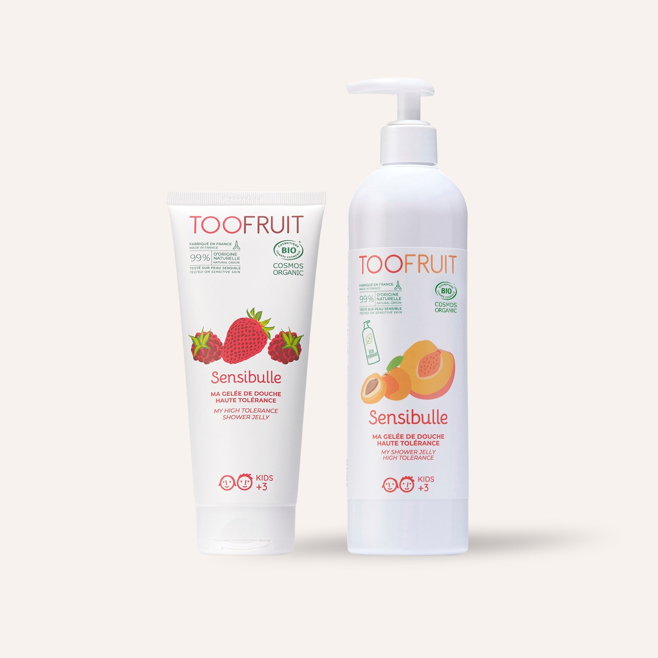 a bottle of peach-apricot shower gel and strawberry-raspberry shower gel