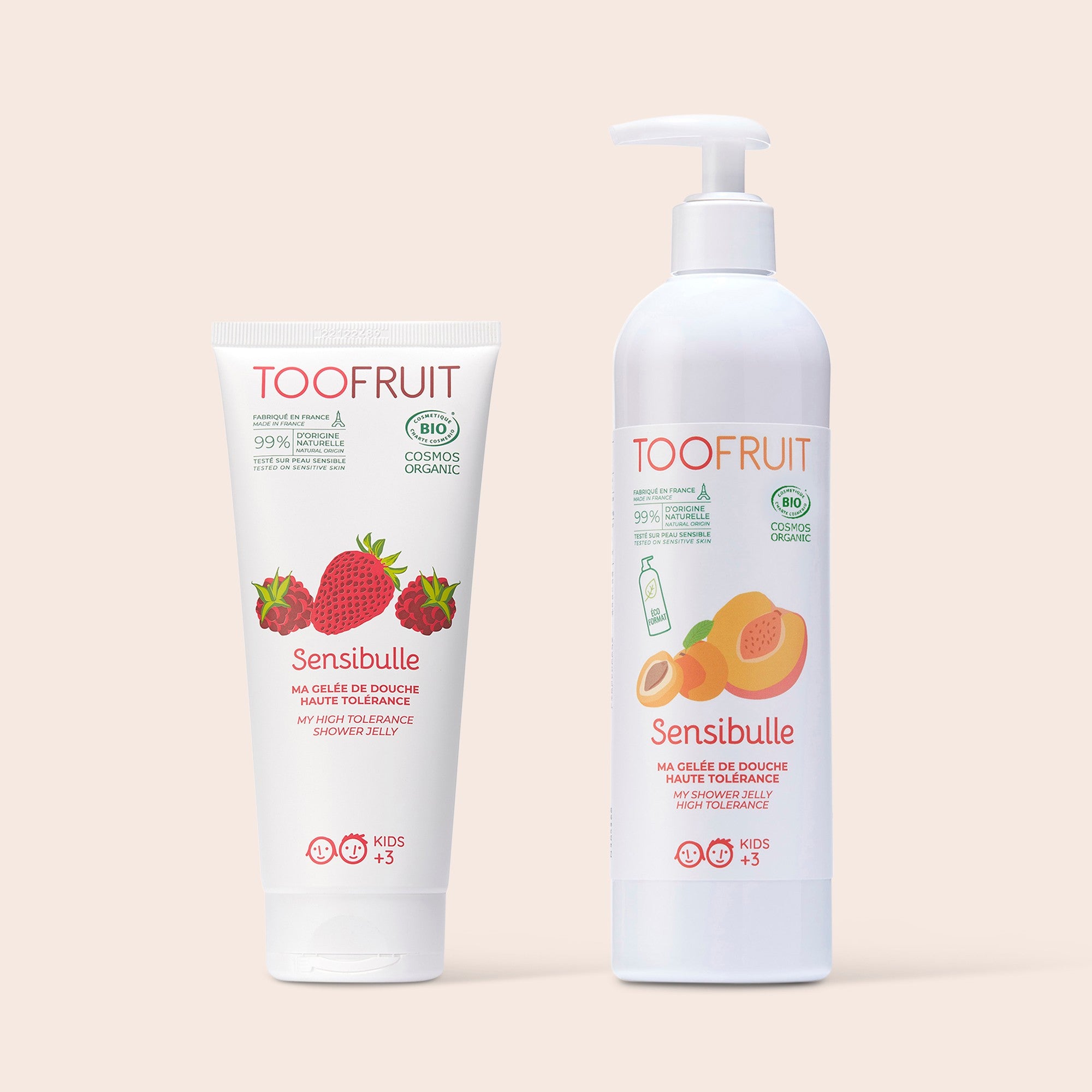 a bottle of peach-apricot shower gel and strawberry-raspberry shower gel