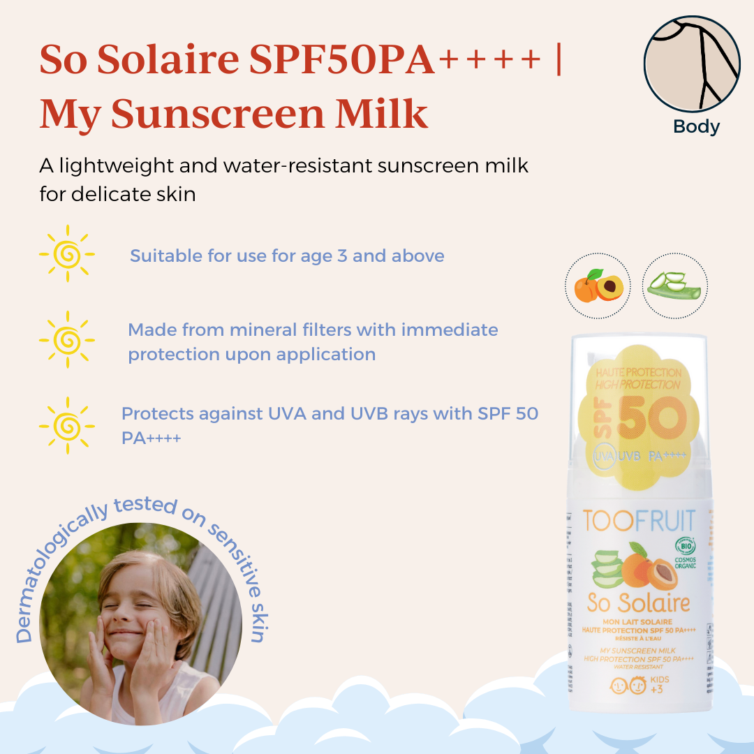 a bottle of toofruit sunscreen milk and its key properties