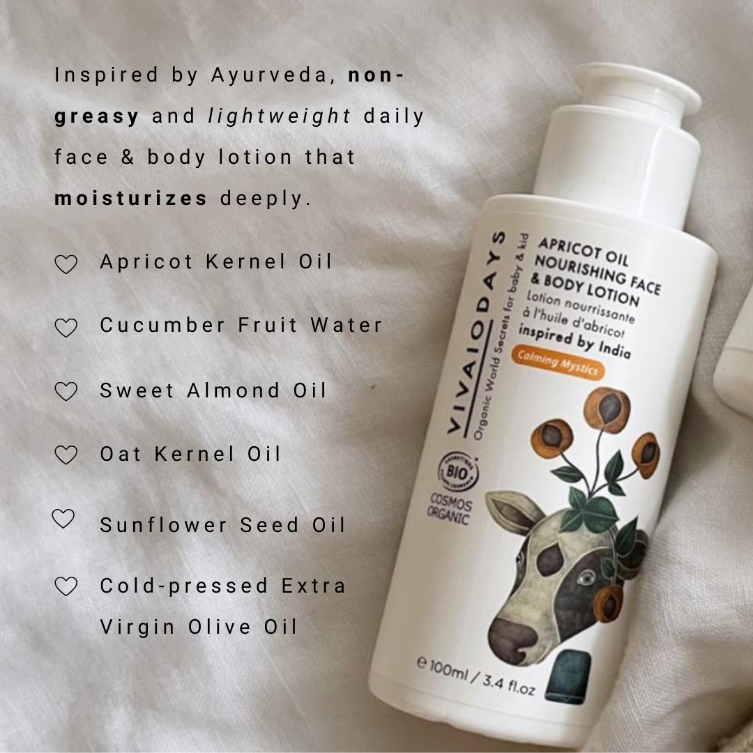 texture and key ingredients description and a bottle of vivaiodays apricot face and body lotion