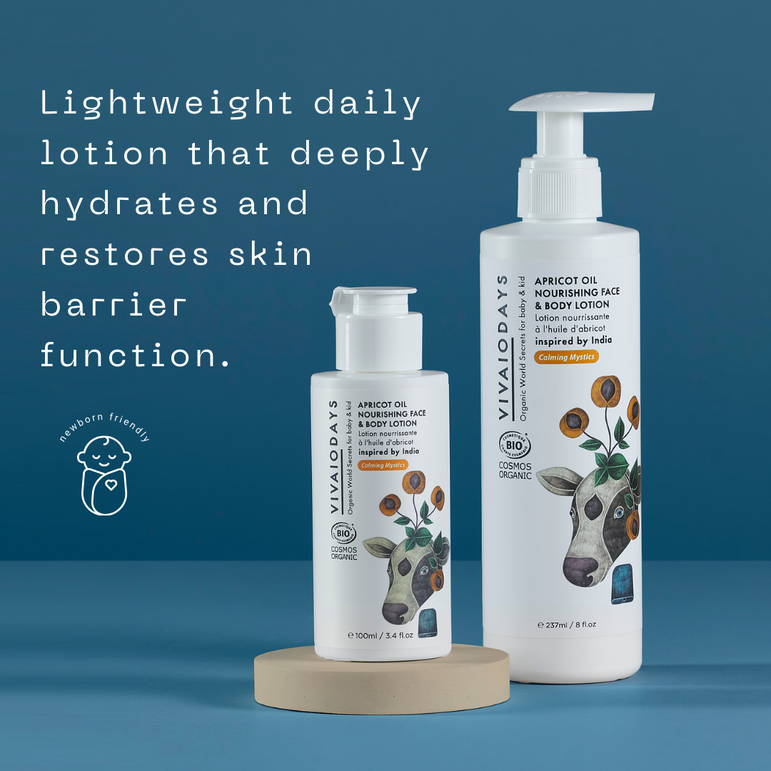 a small and large bottle of vivaiodays apricot face and body lotion and description