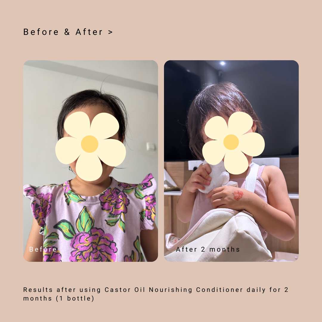 before and after photos of child's hair after using vivaiodays castor oil conditioner