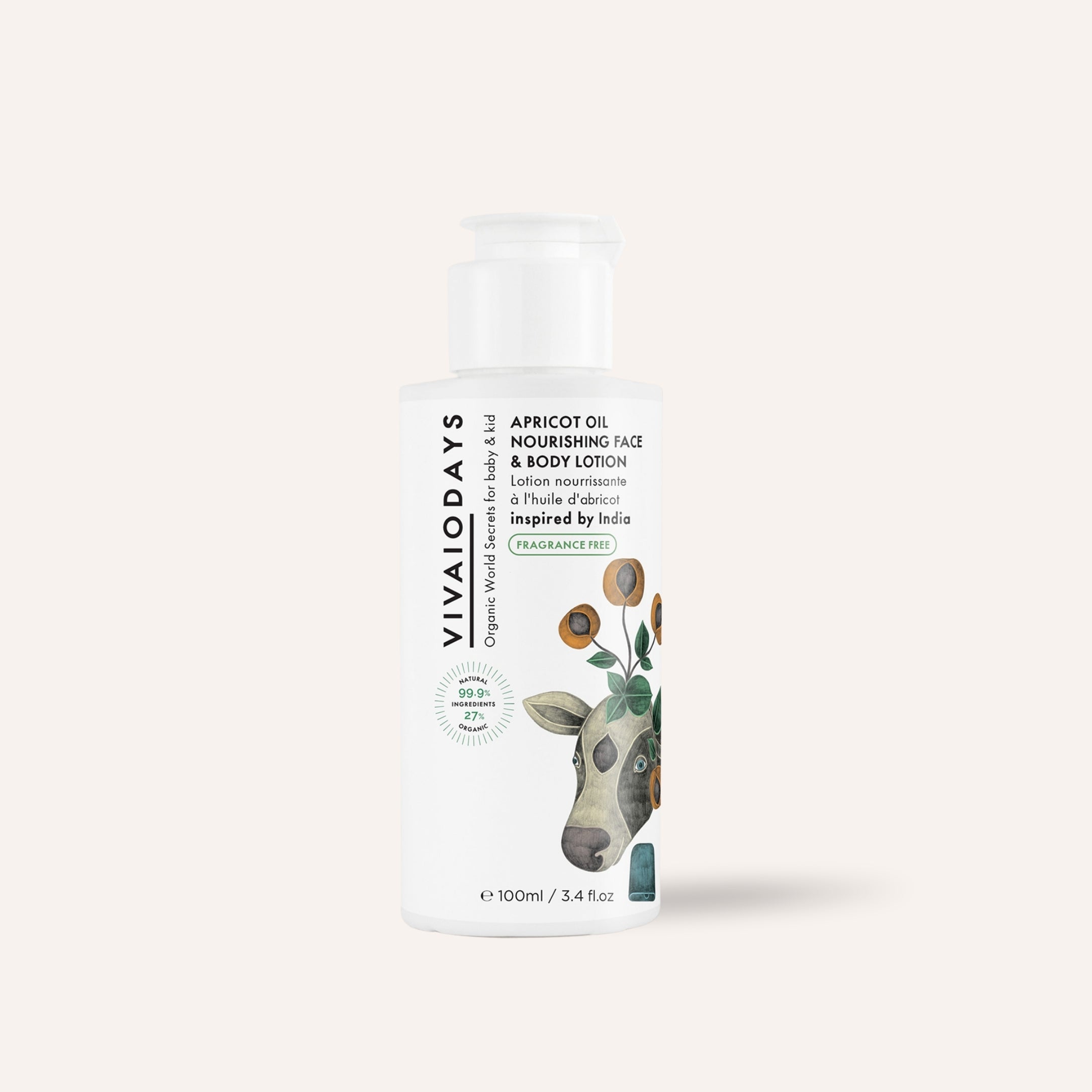 a bottle of vivaiodays fragrance free apricot oil face and body lotion