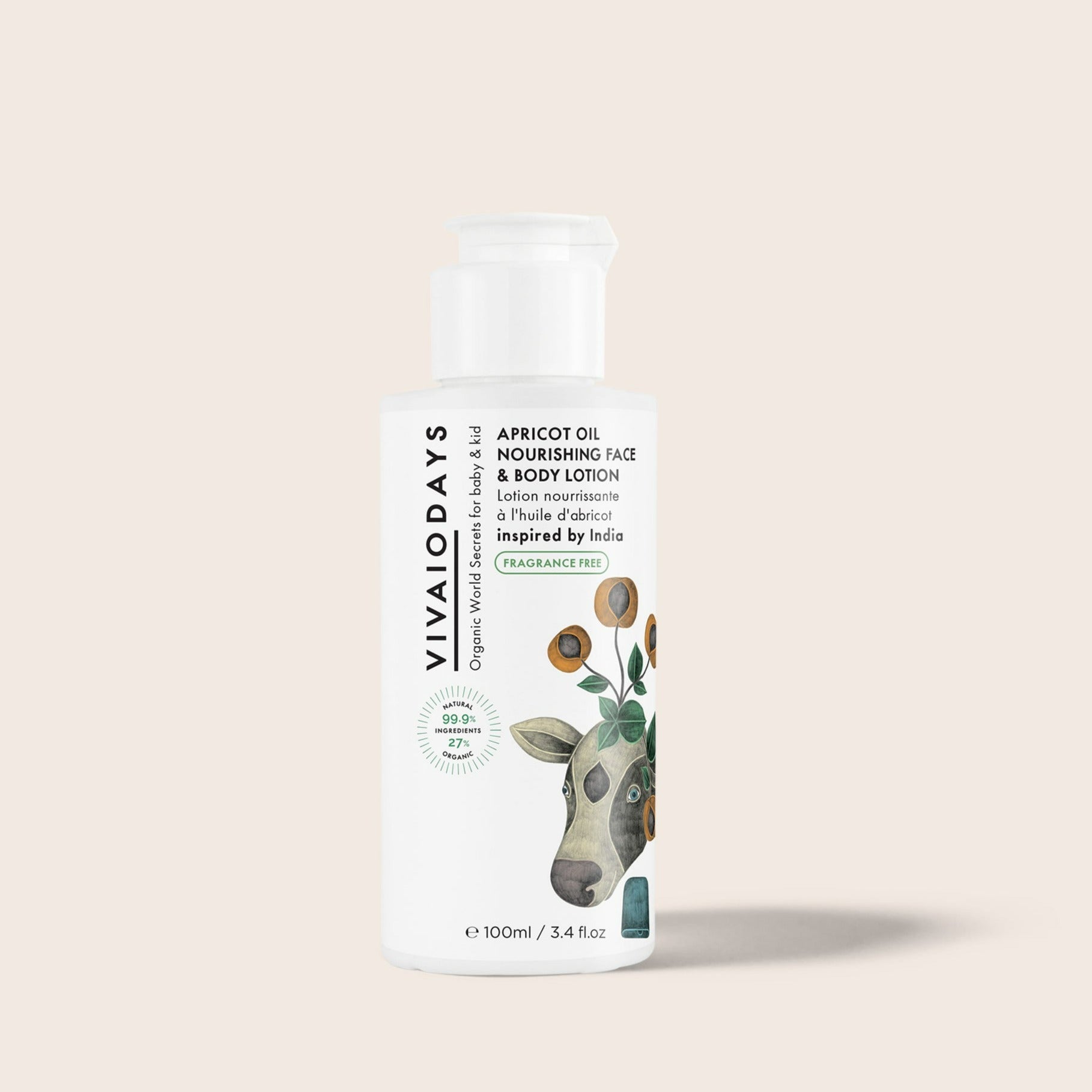 a bottle of vivaiodays fragrance free apricot oil face and body lotion