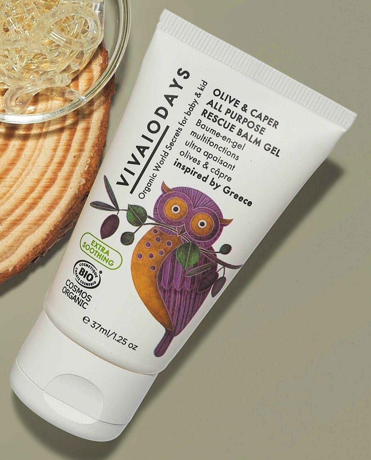 a tube of vivaiodays olive and caper soothing balm gel 