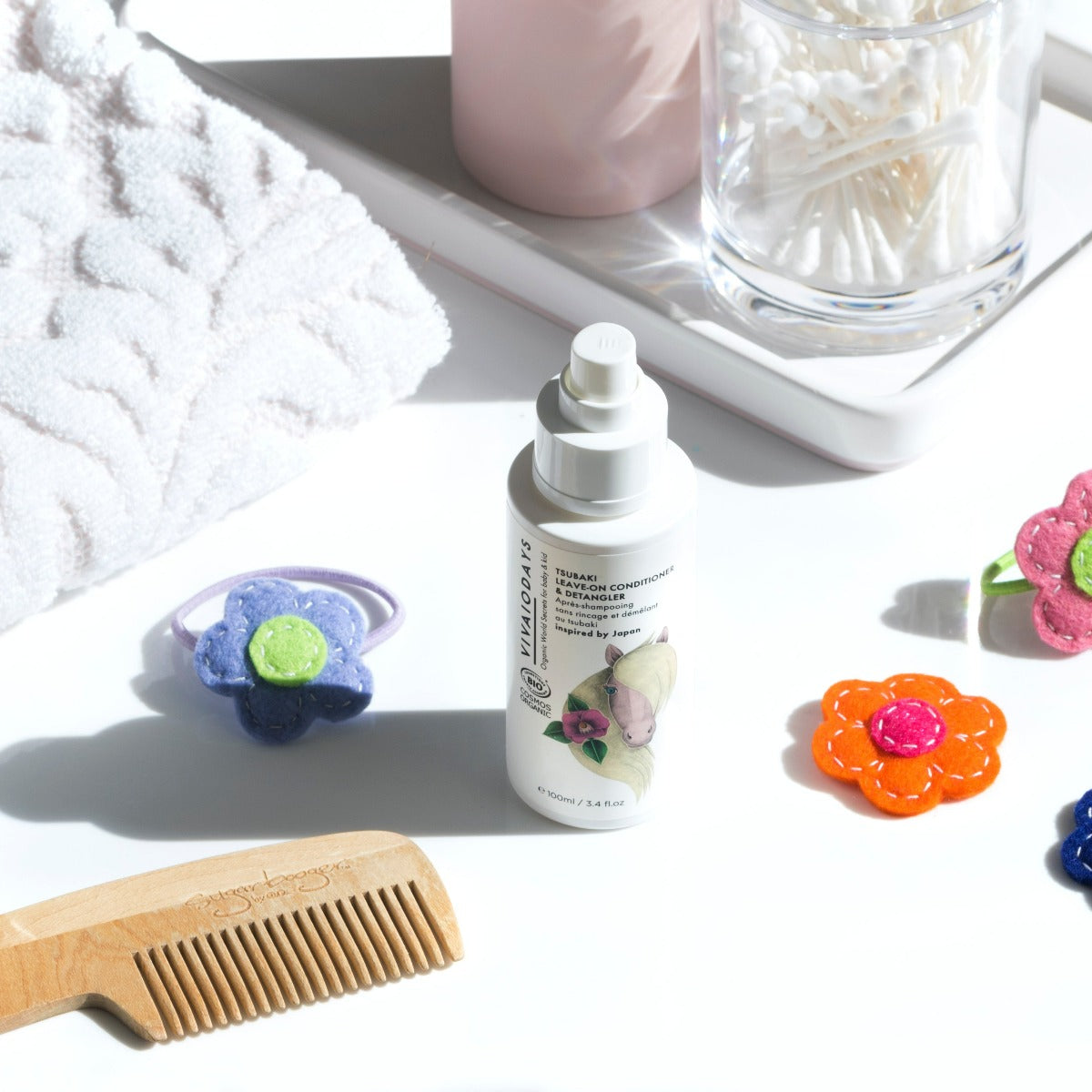 a bottle of vivaiodays tsubaki leave in detangler and conditioner on a table